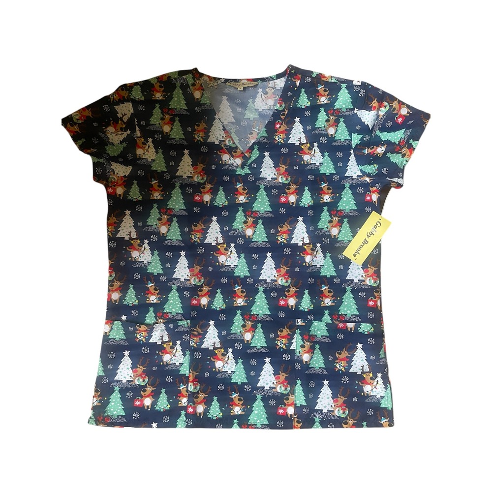 Gabby Brooke Christmas Scrub Top Reindeer Holiday‎ Print V-Neck Women's M